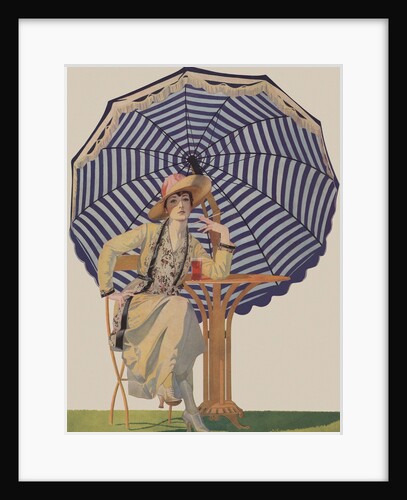 Illustration of Woman Sitting Under Striped Umbrella by Coles Phillips