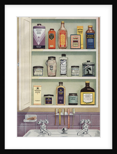Illustration of Medicine Cabinet Filled with Watkins Products by Anonymous