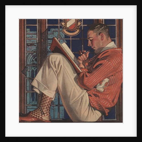 Illustration of Man Reading and Smoking Pipe by Anonymous