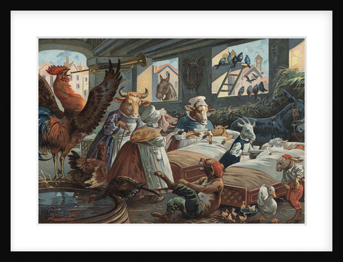 Illustration of Rooster Playing Reveille to Barnful of Animals by Anonymous