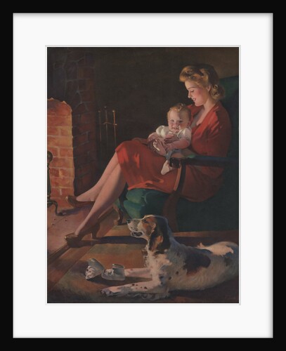 Illustration of Mother and Baby Sitting by Fireplace by Anonymous