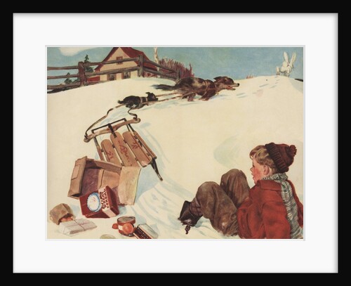 Illustration of Boy and Groceries Falling Off Sled by Anonymous