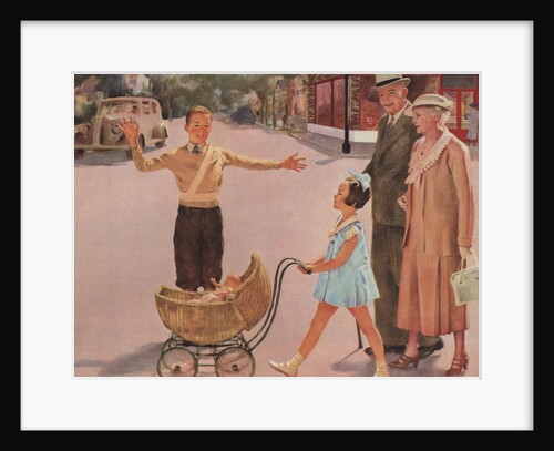 Illustration of Crossing Guard Helping People Cross Street by Douglass Crockwell