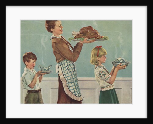 Illustration of Mother and Children Carrying Thanksgiving Dinner by Douglass Crockwell