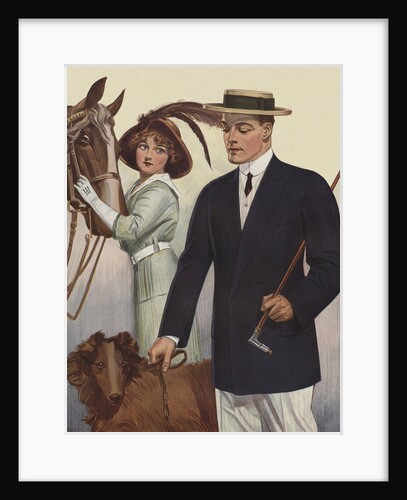 Royal Tailors Illustration of Man Walking Dog Past Woman with Horse by Anonymous