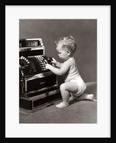 1940s 1930s Salesperson Baby Wearing Diaper Ringing Up Sale On Cash Register by Anonymous