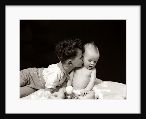 1940s Curly Haired Boy Toddler Leaning And Kissing Cute Baby by Anonymous