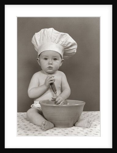 1940s 1950s Baby Cook With Chef Hat Spoon Mixing Bowl Staring Straight Ahead Studio by Anonymous