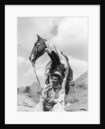 1930s Cowboy Sitting In Front Of Horse Holding Reins Spotted Paint Pinto by Anonymous