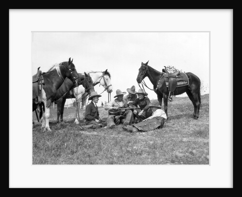 1920s 1930s Five Cowboys Sitting By Their Horses One Holds Guitar Singing by Anonymous