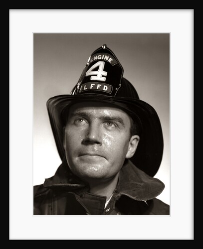 1950s Portrait Fireman Serious Expression Metal Fire Hard Hat Engine 4 by Anonymous