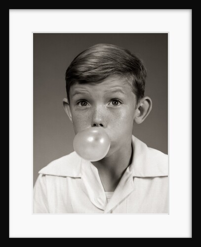 1940s 1950s Young Boy Blowing Bubble Gum Bubble by Anonymous