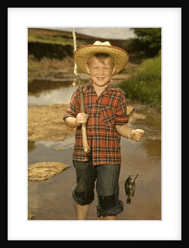 1950s Boy Straw Hat Holding Fishing Pole Wearing Plaid Shirt Blue Jeans by Anonymous