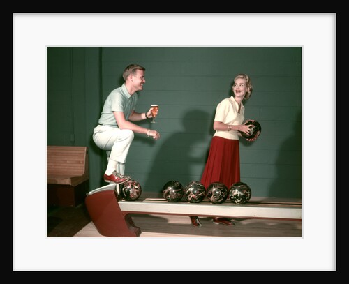 1950s Couple In Bowling Alley Woman Holding Ball Man With Glass Of Beer I by Anonymous
