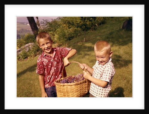 1960s Two Laughing Boys Carrying Basket Of Harvested Grapes by Anonymous