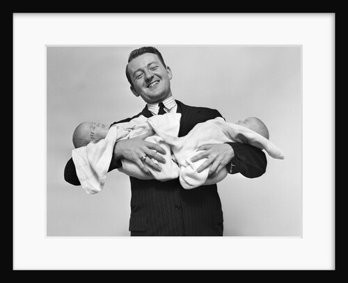 1930s Proud Father Proudly Holding Twin Babies by Anonymous