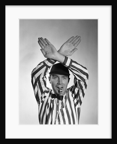 1950s Football Referee Making Hand Signal Time Out Blowing Whistle by Anonymous