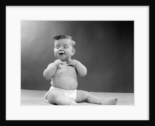 1950s Baby Wearing Diaper Seated With Eyes Closed Mouth Open and Hands Touching Neck by Anonymous