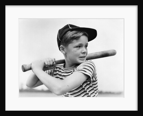 1930s Boy At Bat Wearing A Horizonal Striped Tee Shirt and Baseball Cap by Anonymous