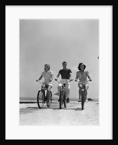 1940s Man Two Women Biking On Beach Boardwalk by Anonymous