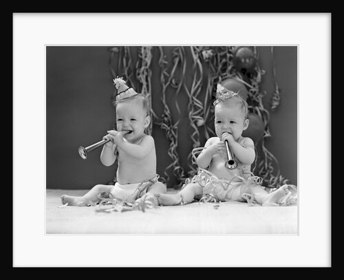 1940s Twin Babies With Party Hats Horns And Paper Streamers New Year Celebration Studio by Anonymous