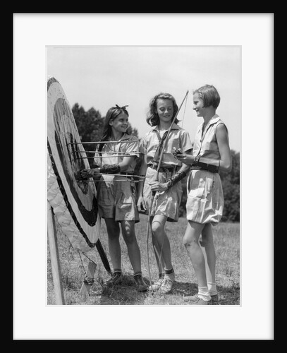 1930s 1940s Three Teen Girls Standing By Archery Target Bows Arrows by Anonymous