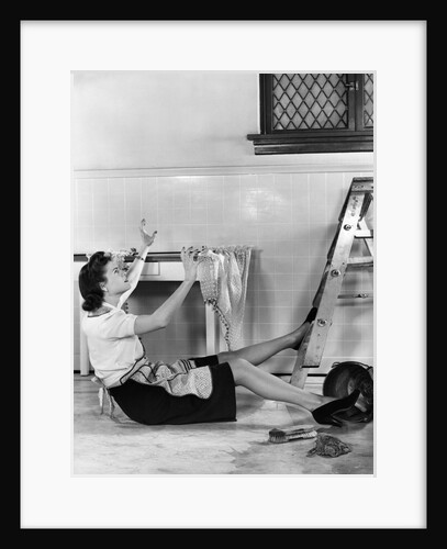 1940s Woman Housewife Falling From Step Ladder In Kitchen While Washing Window by Anonymous