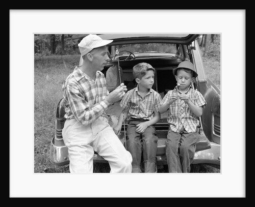 1950s 1960s Father Two Young Sons With Fishing Rods By Car Outdoor by Anonymous