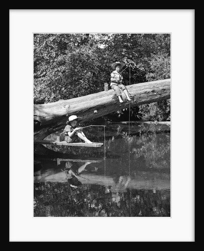 1940s 1950s Pair Of Boys In Straw Hats and Cuffed Jeans Fishing In Stream by Anonymous