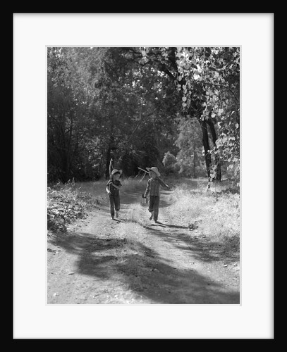 1940s 1950s Two Boys In Dungarees Plaid Shirts Straw Hats by Anonymous