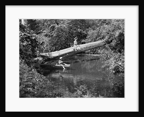 1940s 1950s Two Boys Wearing Hats Fishing In A Stream by Anonymous