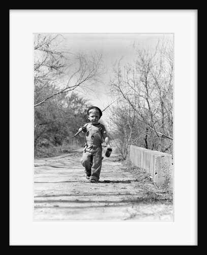 1940s Boy Walking Down Country Road With Can Of Worms And Fishing Pole by Anonymous
