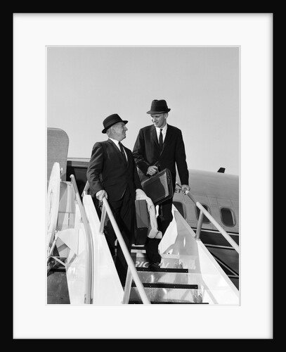 1960s Two Business Men Briefcase Exit Airplane Steps by Anonymous