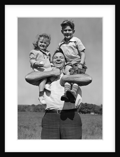 1930s Father Holding Son With Baseball Mitt and Daughter On His Shoulders by Anonymous