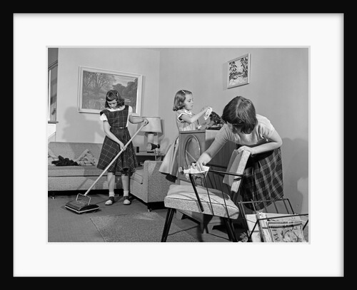1950s Three Pre-Teen Young Girls Cleaning Living Room Dusting Vacuuming by Anonymous
