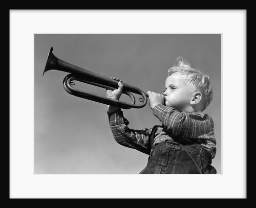 1940s Boy Blowing Bugle Outdoor by Anonymous