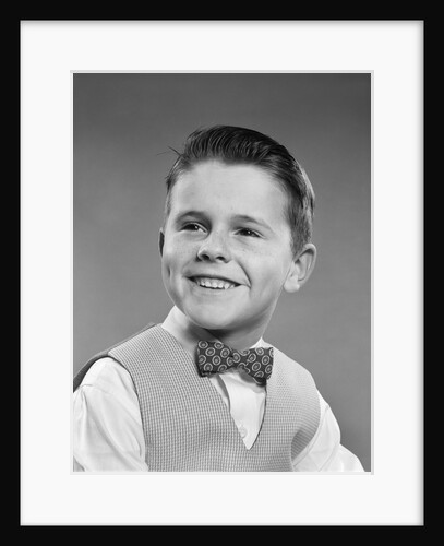 1950s Boy Portrait Wearing Checked Vest Polka Dot Bow Tie School Picture by Anonymous