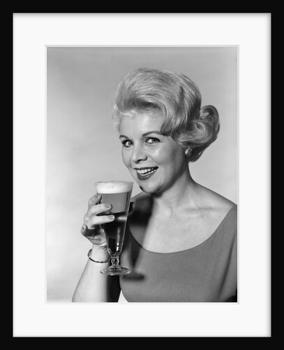1960s Retro Woman Beer Glass Smile by Anonymous