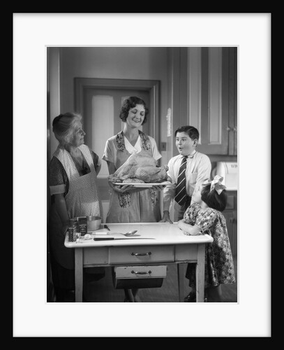1920s 1930s Mother Grandmother Boy Girl Cooking Turkey In Kitchen by Anonymous