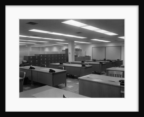 1950s 1960s Office With Desks Black Phones And File Cabinets by Anonymous