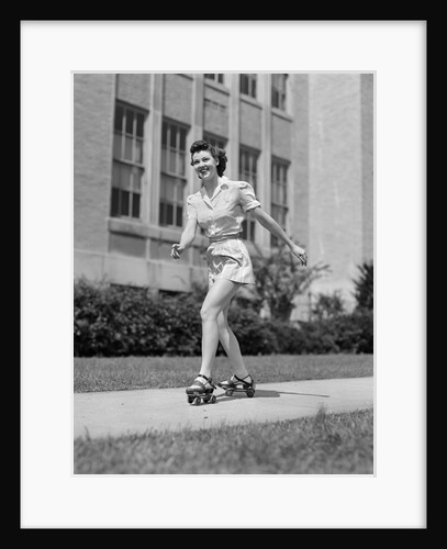 1940s Teen Girl On Roller Skates Skating On Sidewalk by Anonymous