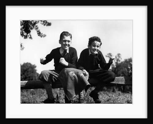 1930s 1940s Two Excited Boys Cheering Sports Team Holding School Letter Pennant Retro Vintage by Anonymous