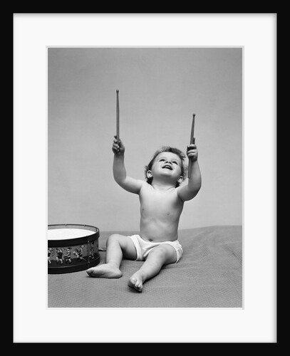 1940s Baby In Diaper With Drum Holding Up Drumsticks by Anonymous