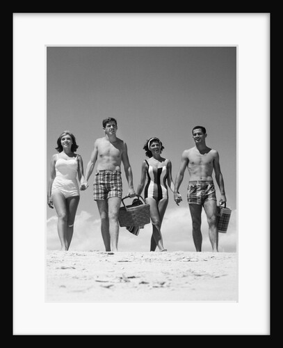 1960s Teenage Couples Wearing Bathing Suits On Beach Carrying Picnic Baskets by Anonymous