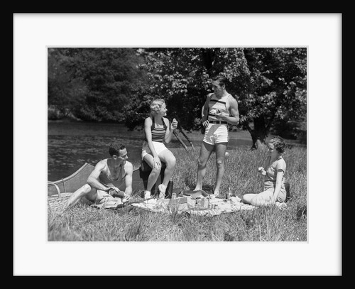 1930s Two Couples Having Summer Picnic With Food And Drink Spread Out On Blanket The Tip Of A Canoe Is Visible by Anonymous