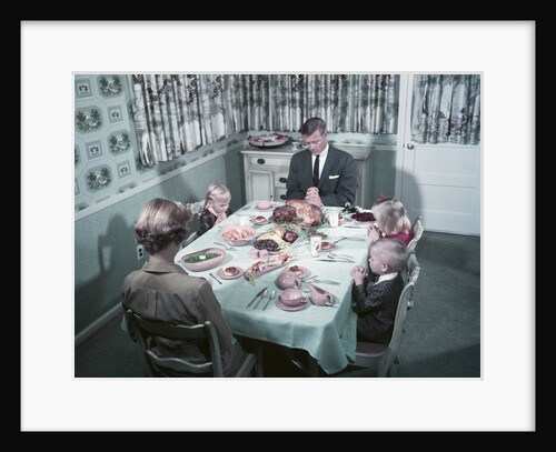 1950s Family Of 5 Saying Grace Before Thanksgiving Turkey Dinner Mother Father 3 Children by Anonymous