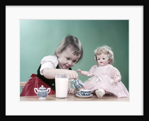 1950s Little Girl And Baby Doll Having Tea Party by Anonymous