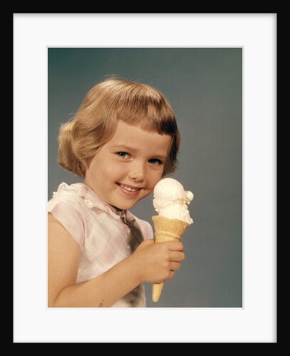 1950s 1960s Girl Eating Ice Cream Cone Double Scoop Vanilla by Anonymous