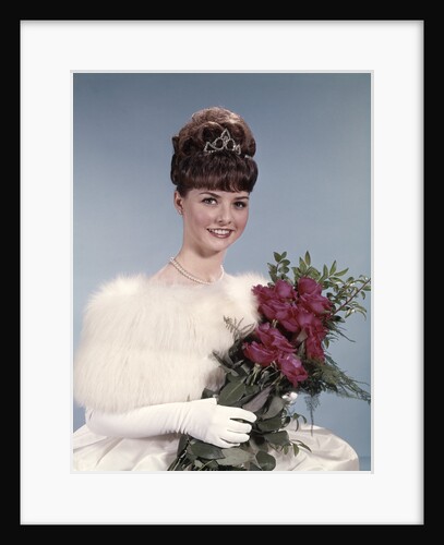 1960s Young Woman Wearing Crown White Fur Stole Gloves Holding Bouquet Of Red Roses by Anonymous