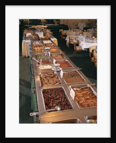 1950s 1960s Buffet Of Hot Dinner Foods In Banquet Room Dessert Table In Background by Anonymous